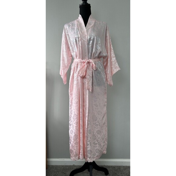 Vintage Other - Vtg 90s Long Kimono Robe Small Powder Pink Floral Embossed Satin Belted Romantic